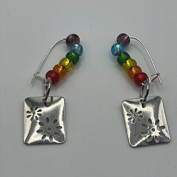 Silver-tone Dangling Rainbow Beaded Floral Charm Earrings- NEW - Picture 7 of 11